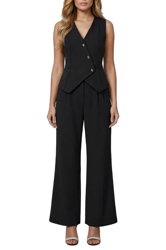 Front view of women's black sleeveless v-neck vest and wide leg pants set with gold buttons