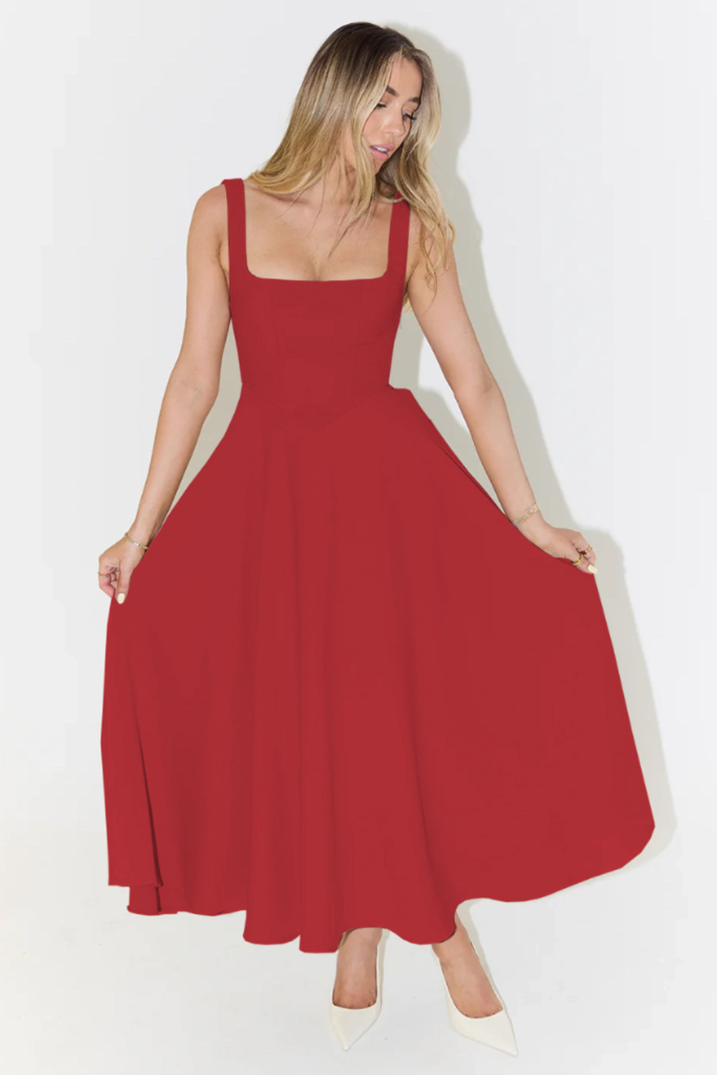 Red square neck sleeveless midi dress with a voluminous skirt, a vibrant choice for midi dresses for women.