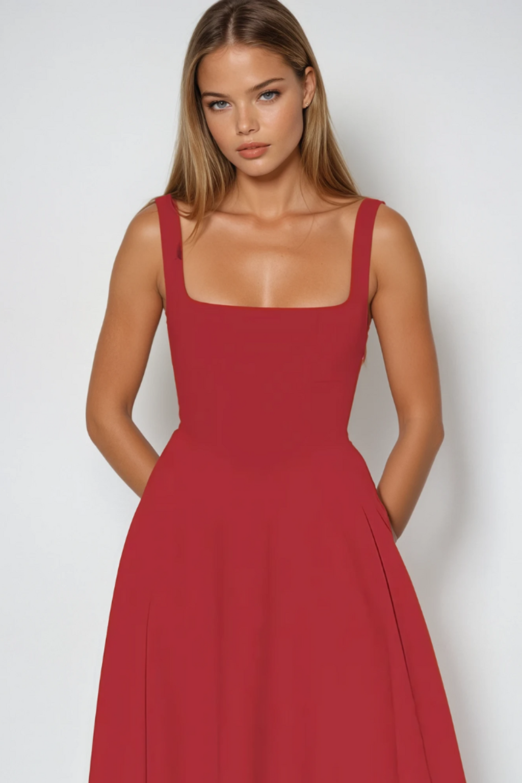 Close-up of a red square neck sleeveless midi dress for women, highlighting the neckline, fitted bodice, and the texture of the fabric.