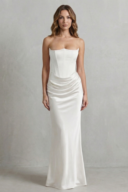 Full-length view of a white strapless corset satin maxi dress, featuring a flattering draped skirt for women.