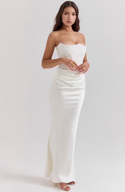 Front view of a white strapless corset ruched waist maxi dress, perfect for elegant occasions.