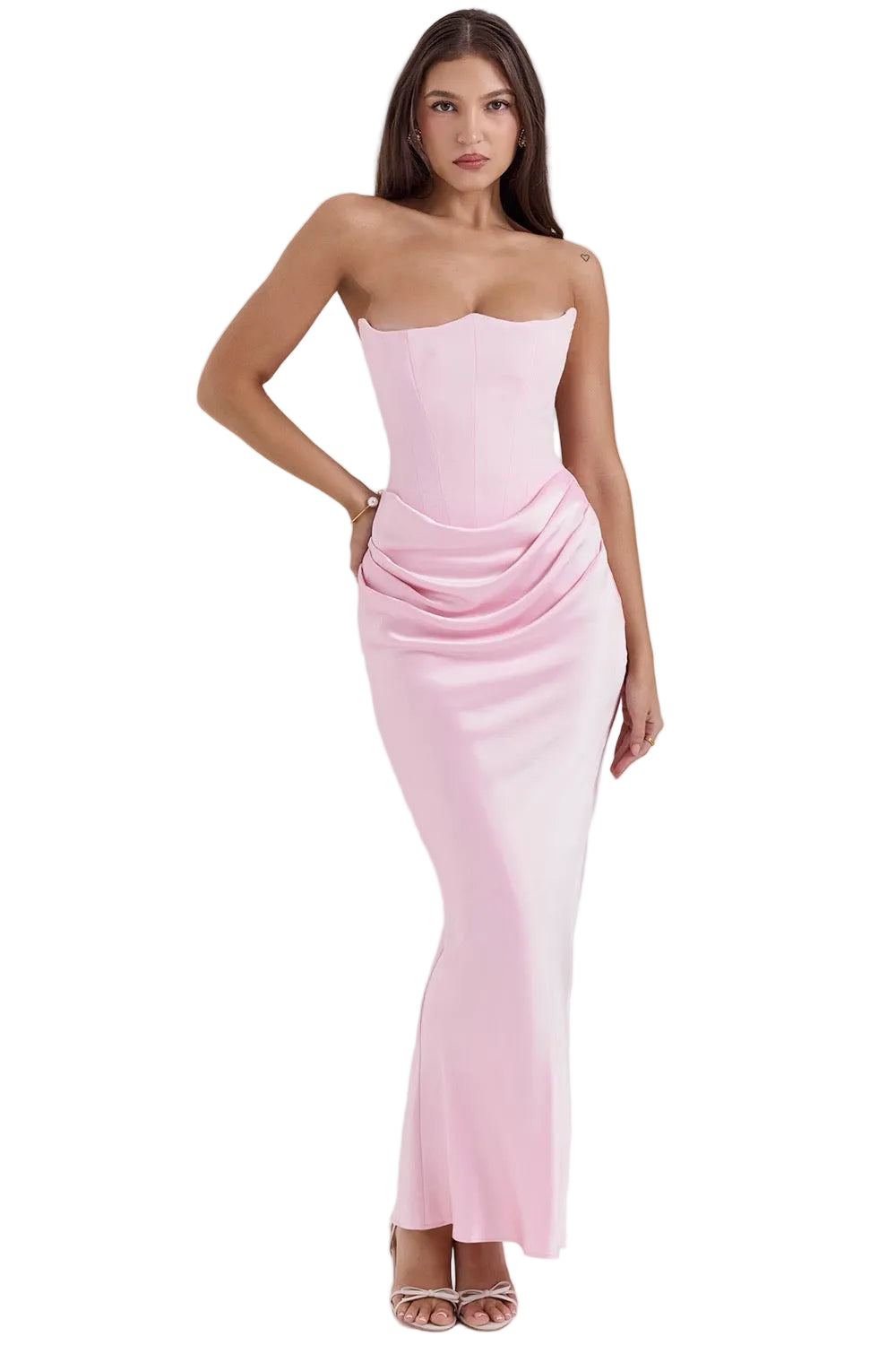 Women's Strapless Corset Ruched Waist Maxi Dress