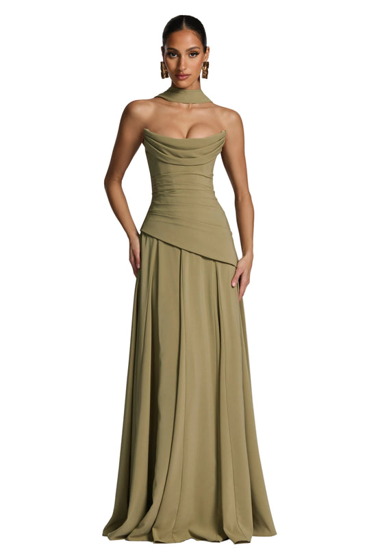 Full-length olive green women's strapless cowl neck maxi dress with pleated skirt and layered bodice detail.