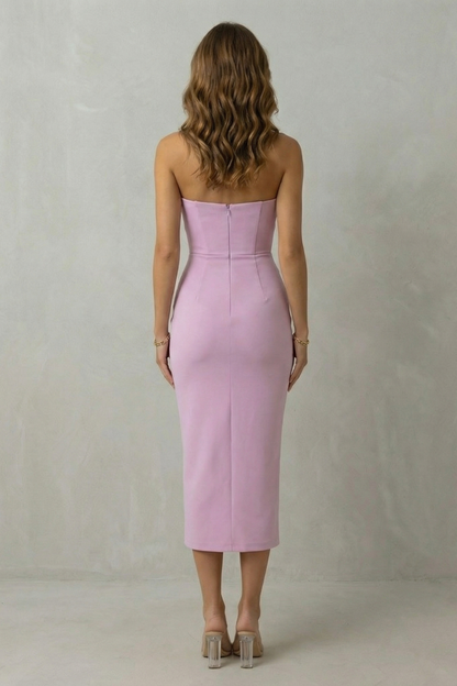 Back view of the lavender strapless midi dress, highlighting the smooth fabric and fitted waist for an elegant look.