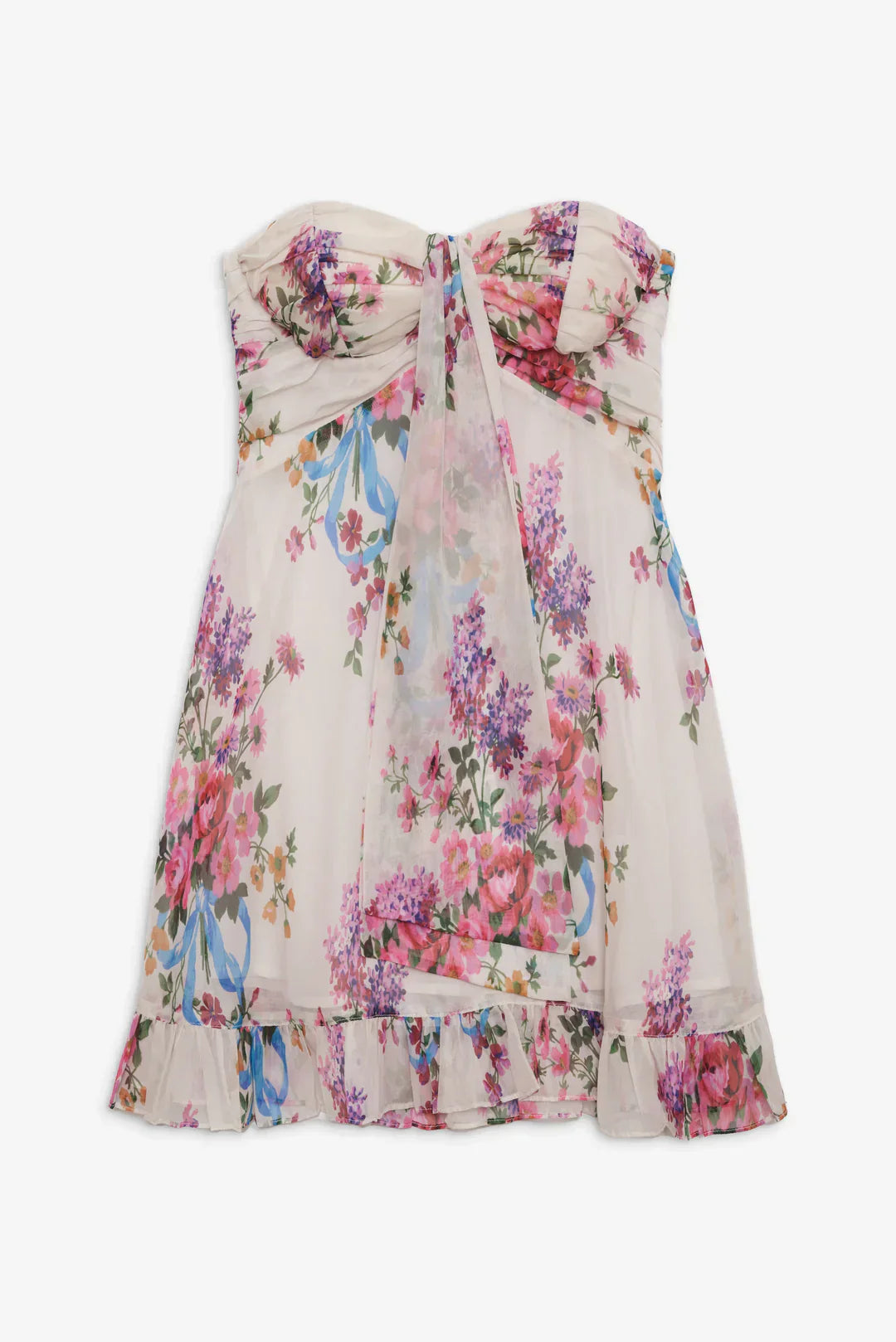 Flat lay of a white strapless floral mini dress with pink, purple, and blue flowers, featuring a knotted front and a delicate ruffled hem, ideal for vacation dresses.