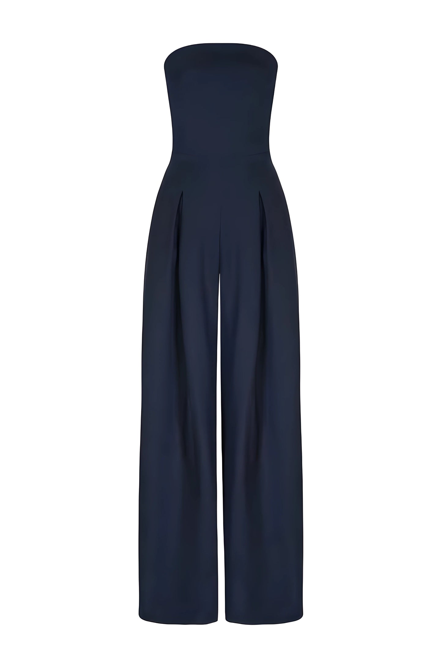 Front view of a dark navy women's strapless high-waisted wide-leg jumpsuit, showcasing the smooth fabric and pleated waist details on a white background.