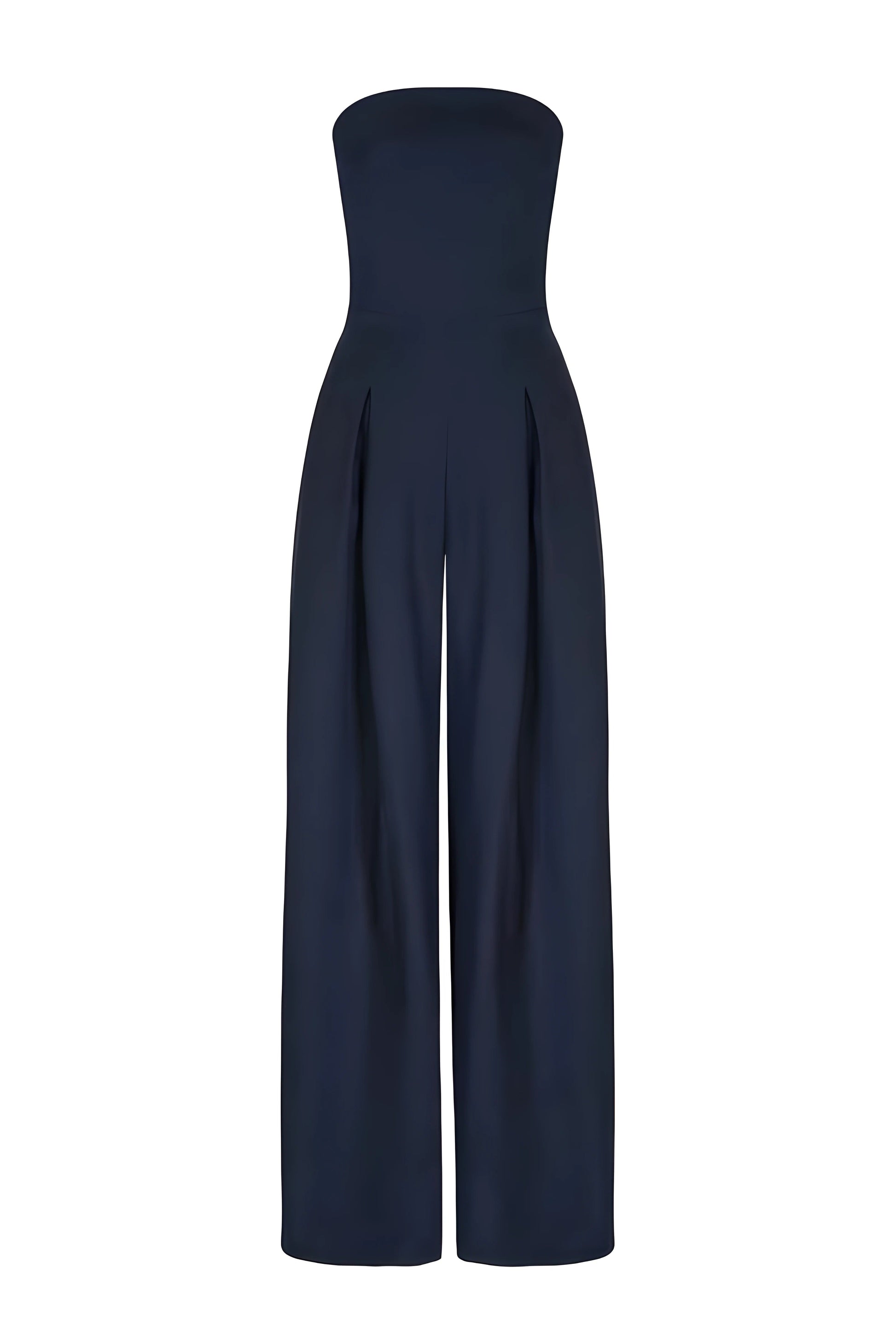 Front view of a dark navy women's strapless high-waisted wide-leg jumpsuit, showcasing the smooth fabric and pleated waist details on a white background.