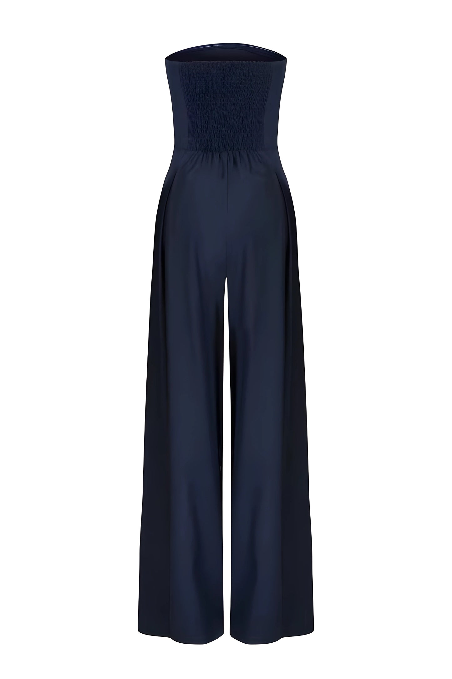 Back view of a dark navy strapless wide-leg jumpsuit for women, featuring a smocked back detail on the bodice and a high waist, on a white background.