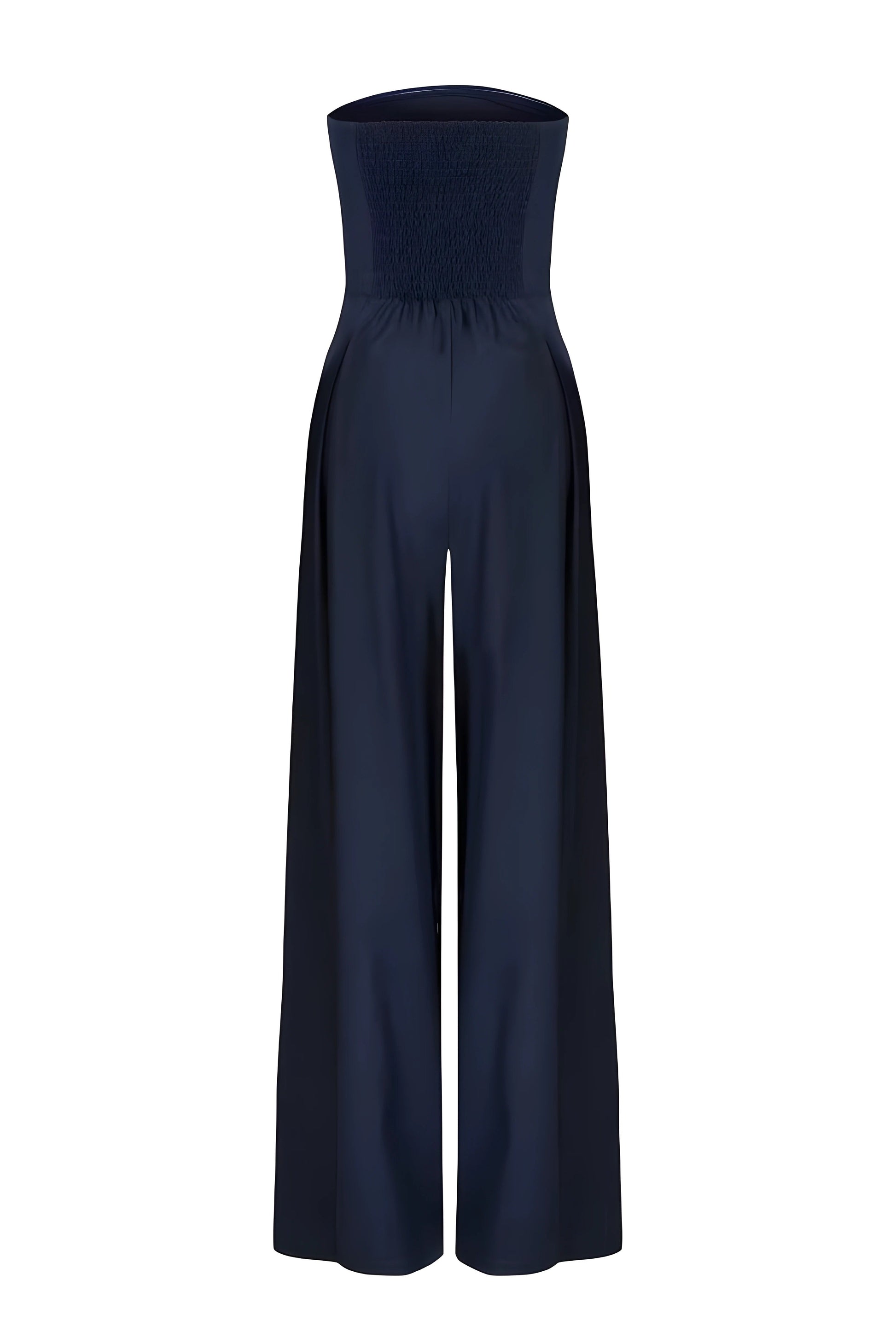 Back view of a dark navy strapless wide-leg jumpsuit for women, featuring a smocked back detail on the bodice and a high waist, on a white background.