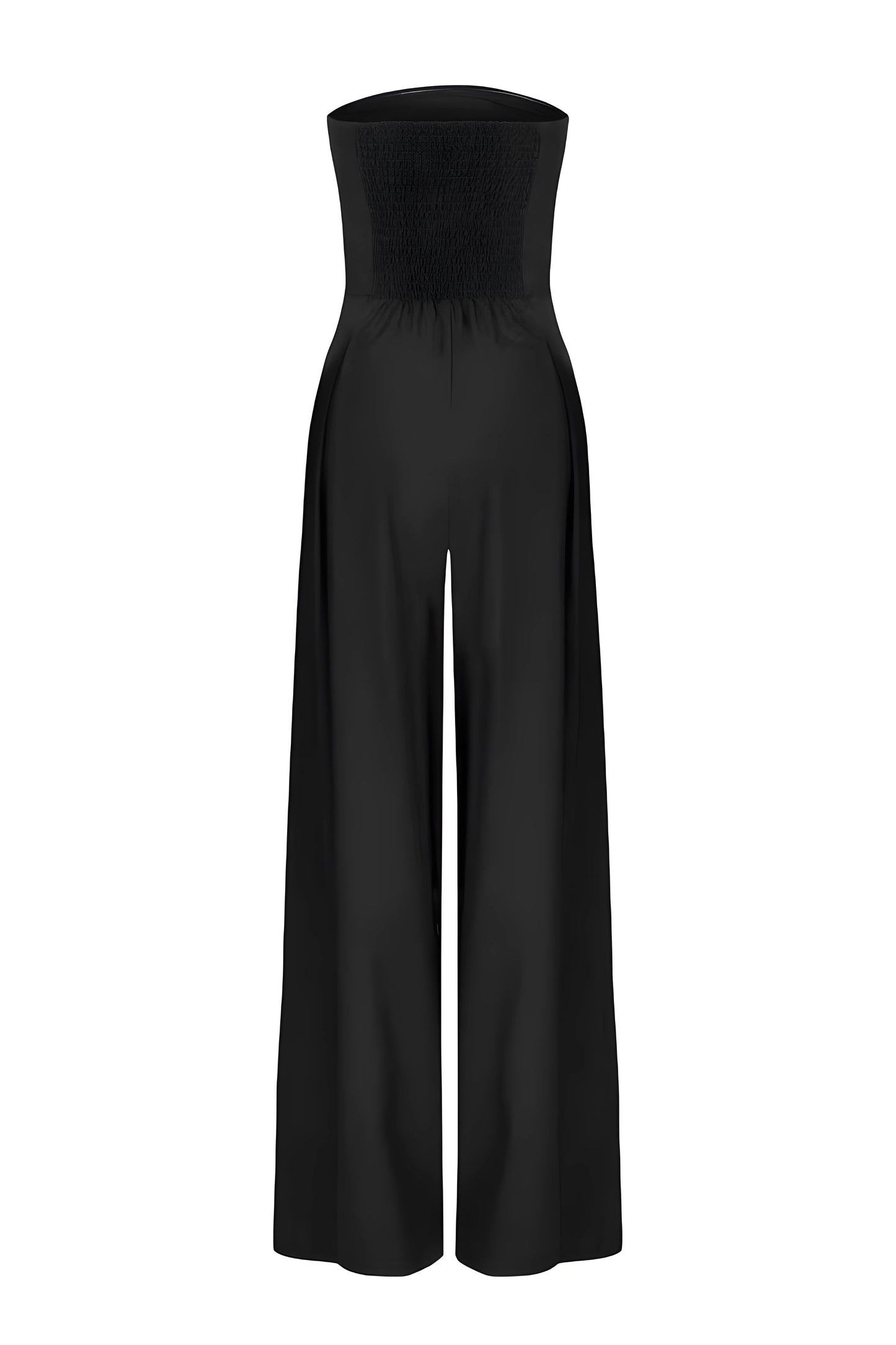 Back view of a black strapless high-waisted wide-leg jumpsuit for women, highlighting the smocked bodice and flowing pant legs on a white background.
