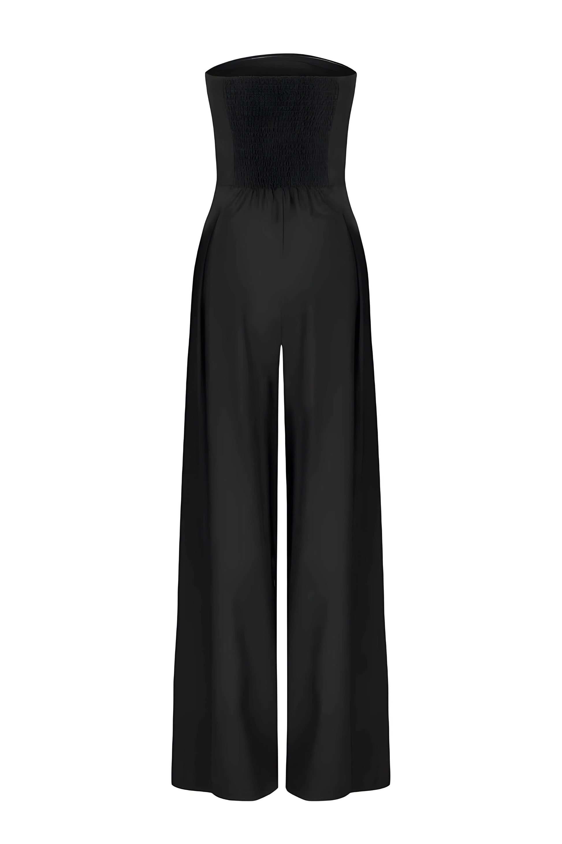 Back view of a black strapless high-waisted wide-leg jumpsuit for women, highlighting the smocked bodice and flowing pant legs on a white background.