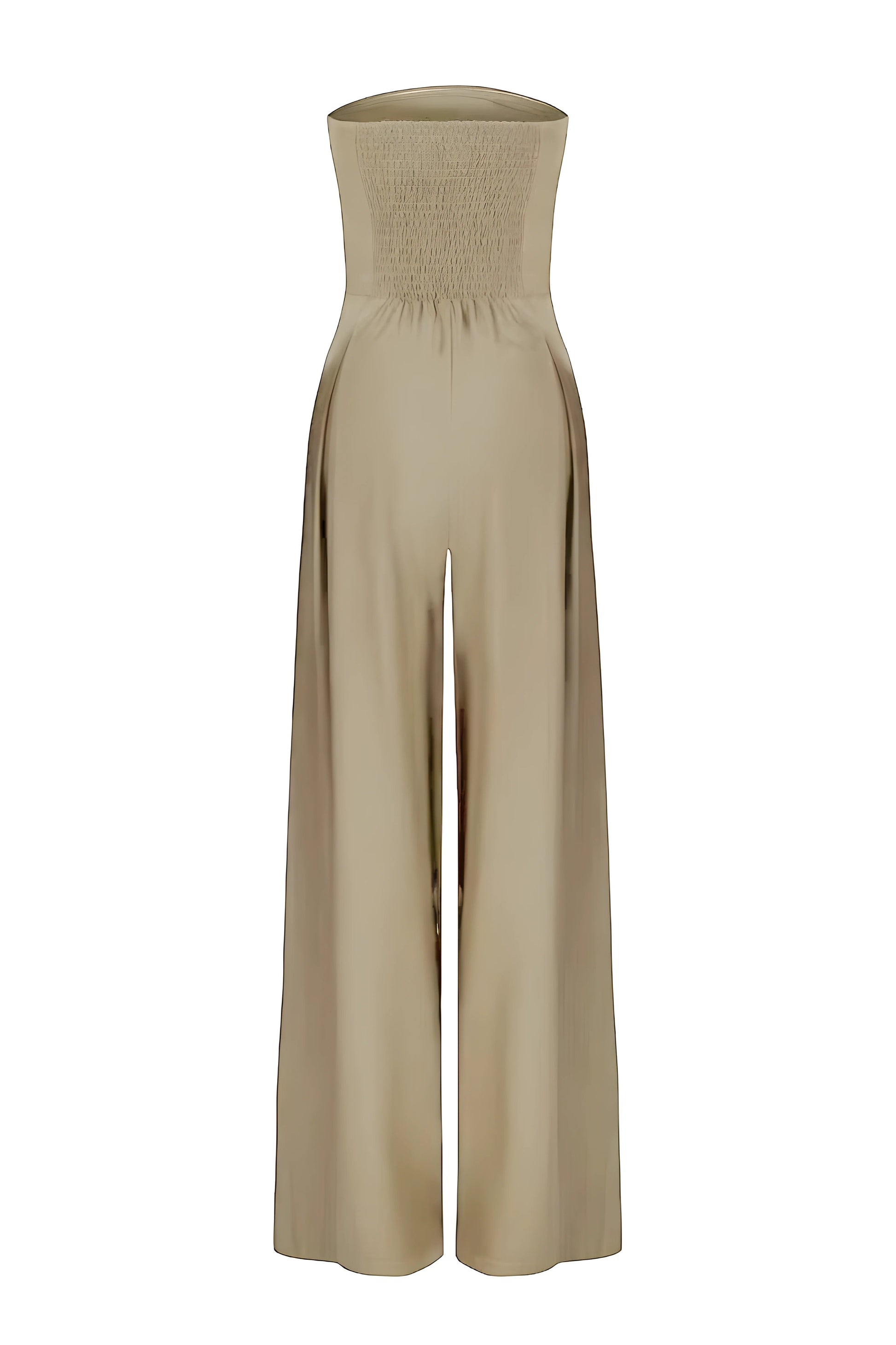 Back view of a beige strapless high-waisted wide-leg jumpsuit for women, showing the smocked detail on the back of the bodice, on a white background.