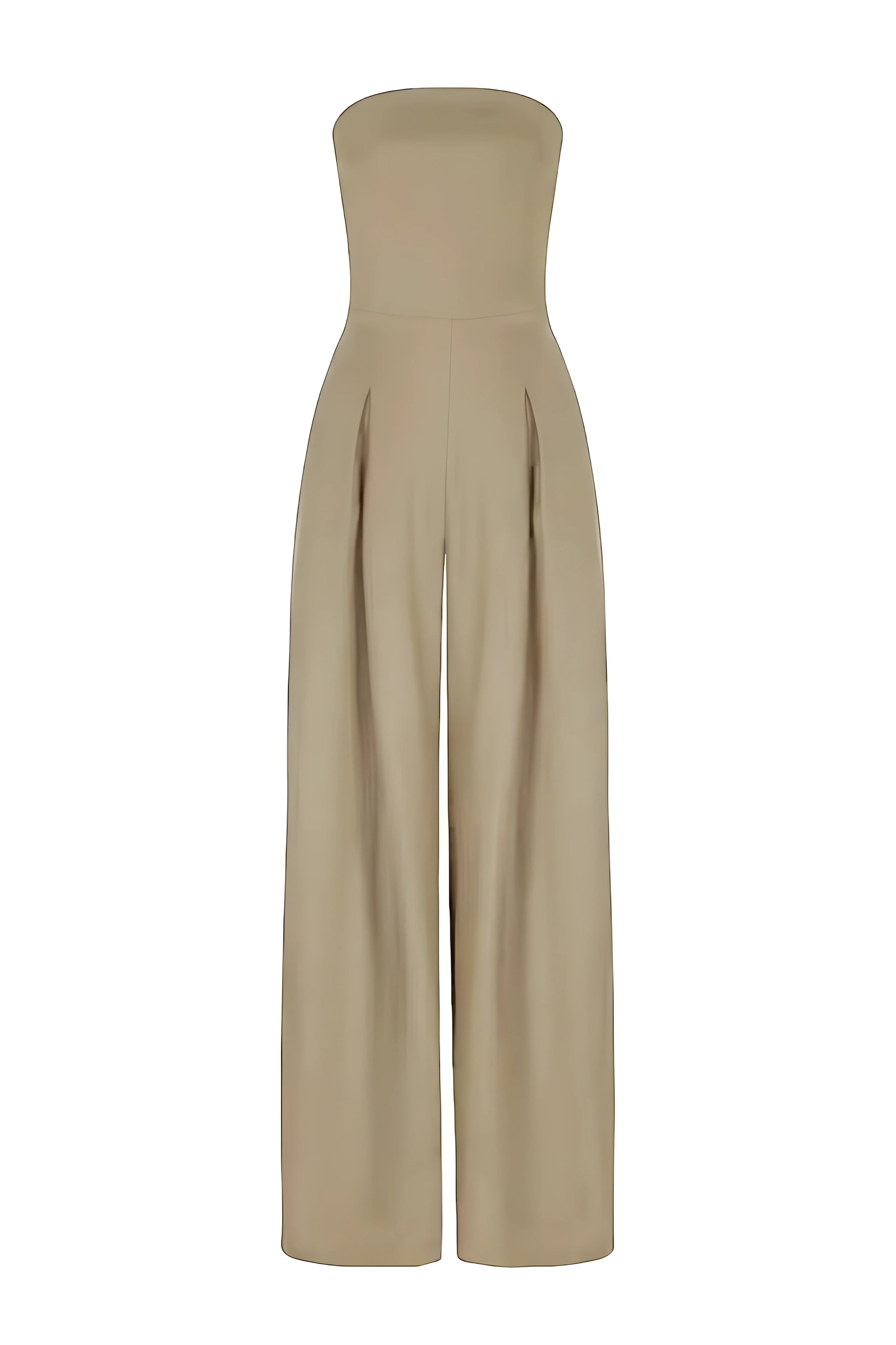 Front view of a beige strapless high-waisted wide-leg jumpsuit, with subtle pleats at the waist and a smooth, flowing fabric, on a white background.