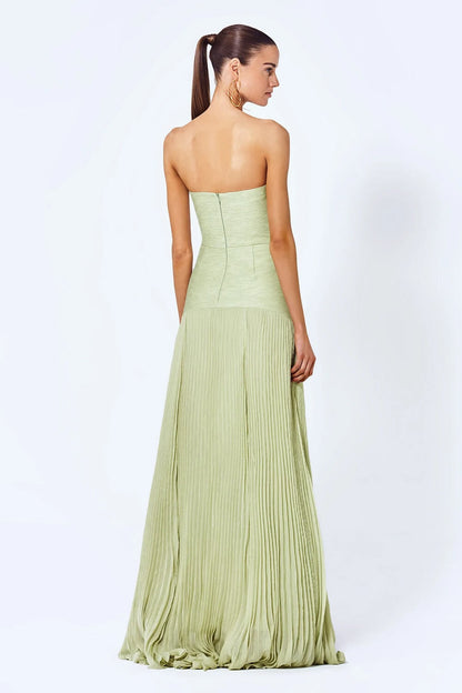 Women light green strapless maxi dress showing back zipper closure and pleated skirt details