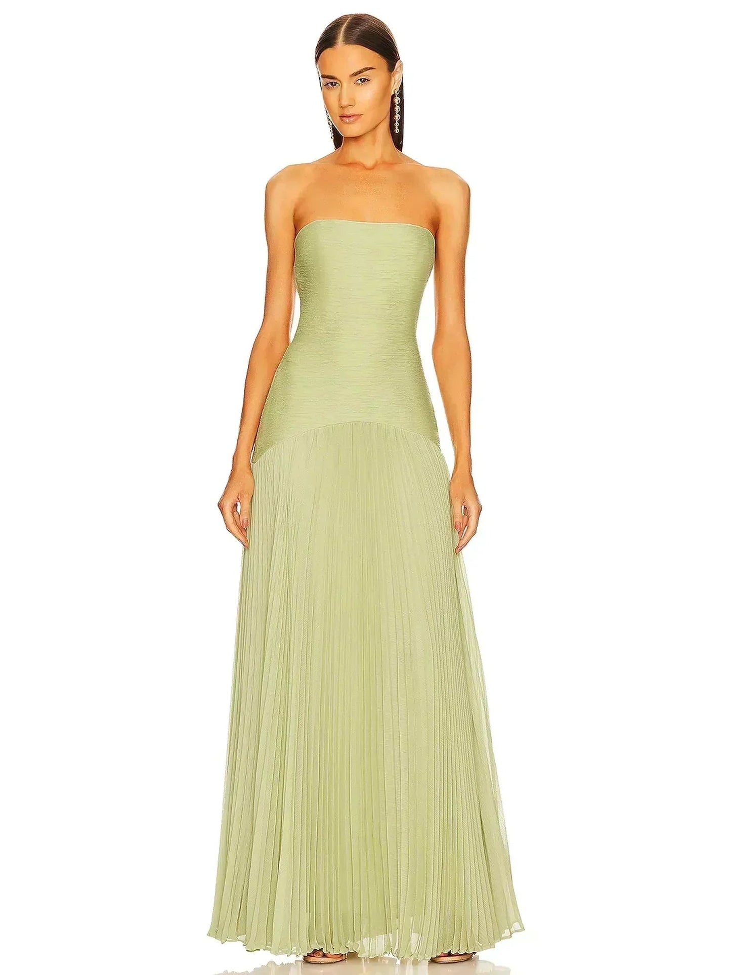 Women light green strapless maxi dress front view with pleated detail on the skirt