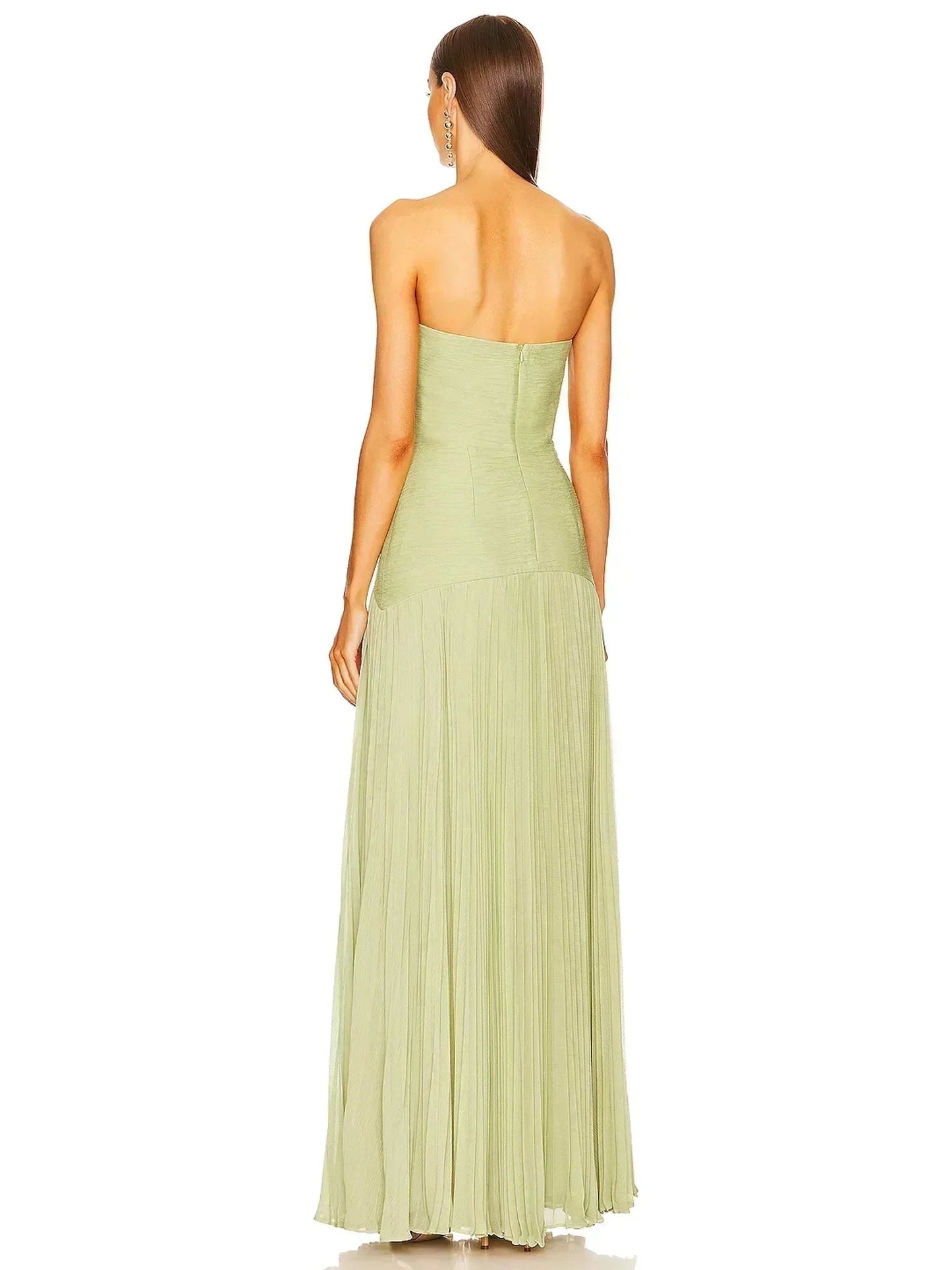 Women light green strapless maxi dress back view showcasing the pleated fabric and zipper