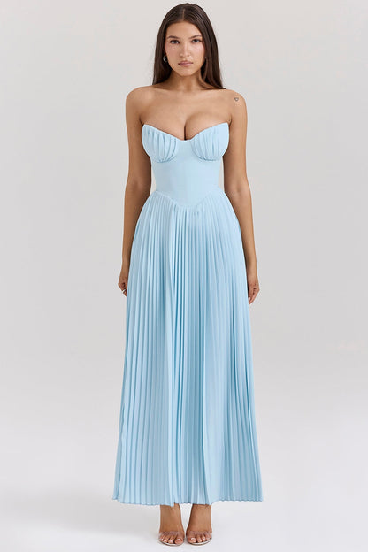 Front view of a light blue strapless midi dress, featuring a ruched bodice and a full pleated skirt.