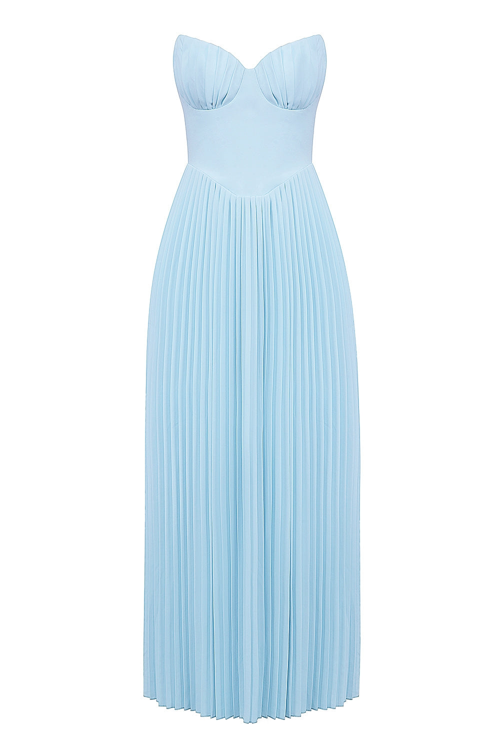 Full product shot of the light blue strapless ruched pleated midi dress on a mannequin, front view.