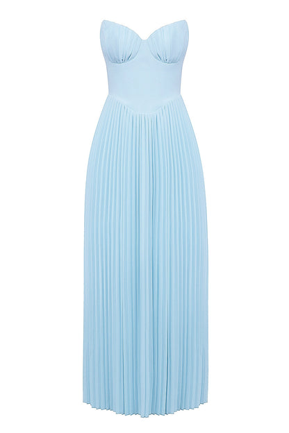 Full product shot of the light blue strapless ruched pleated midi dress on a mannequin, front view.