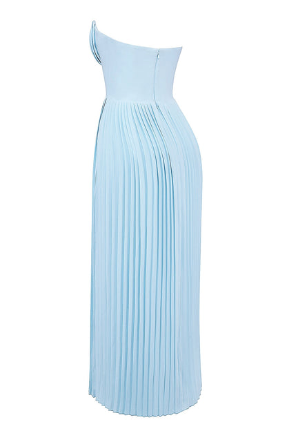 Side view of the light blue strapless pleated midi dress on a mannequin, highlighting the skirt's flow.