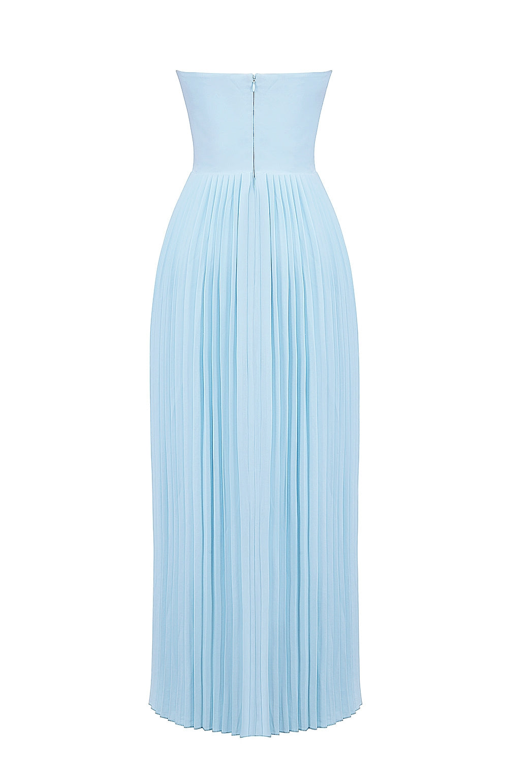 Back product shot of the light blue strapless pleated midi dress on a mannequin, showing the full length.