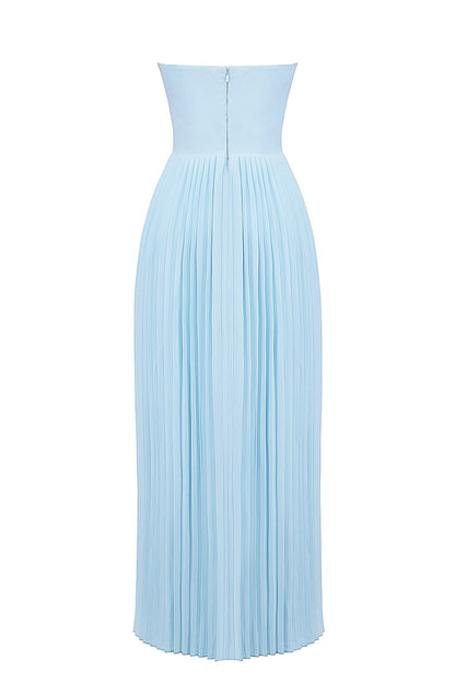 Back product shot of the light blue strapless pleated midi dress on a mannequin, showing the full length.