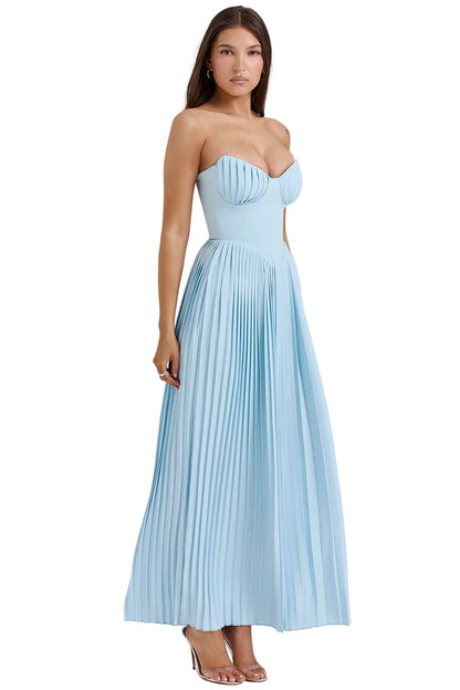 Light blue strapless pleated midi dress with ruched bust and flowing skirt, perfect for wedding guests.