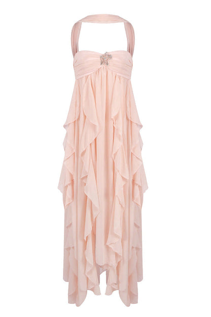Peach strapless ruched ruffle maxi dress with a halter neckline and a sparkling star detail on the bodice, front view.