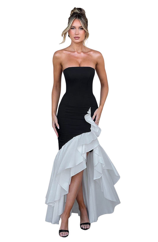 Women's Strapless Ruffle High-Low Maxi Dress