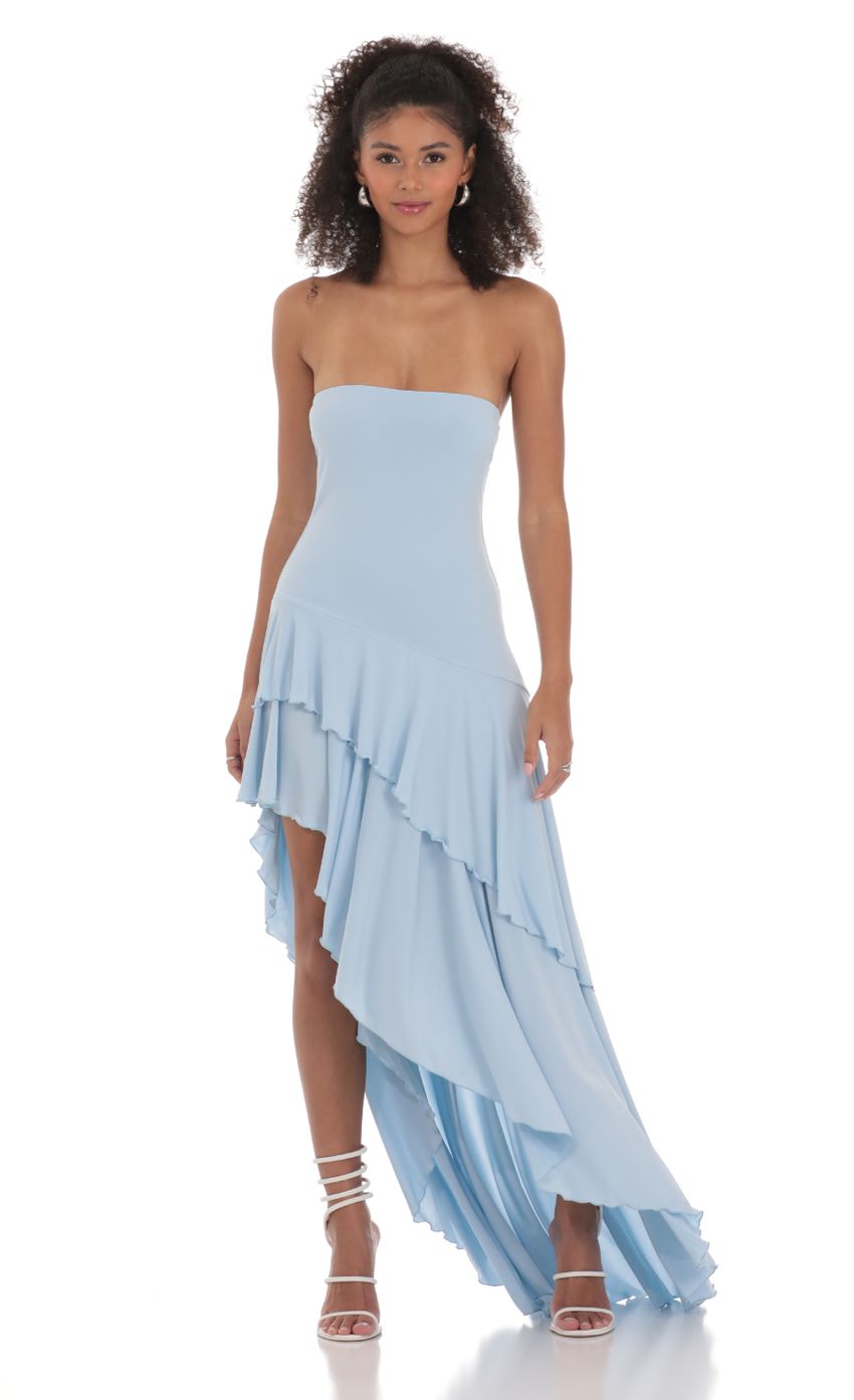 Light blue strapless ruffled high-low maxi dress, front view with asymmetrical tiered skirt