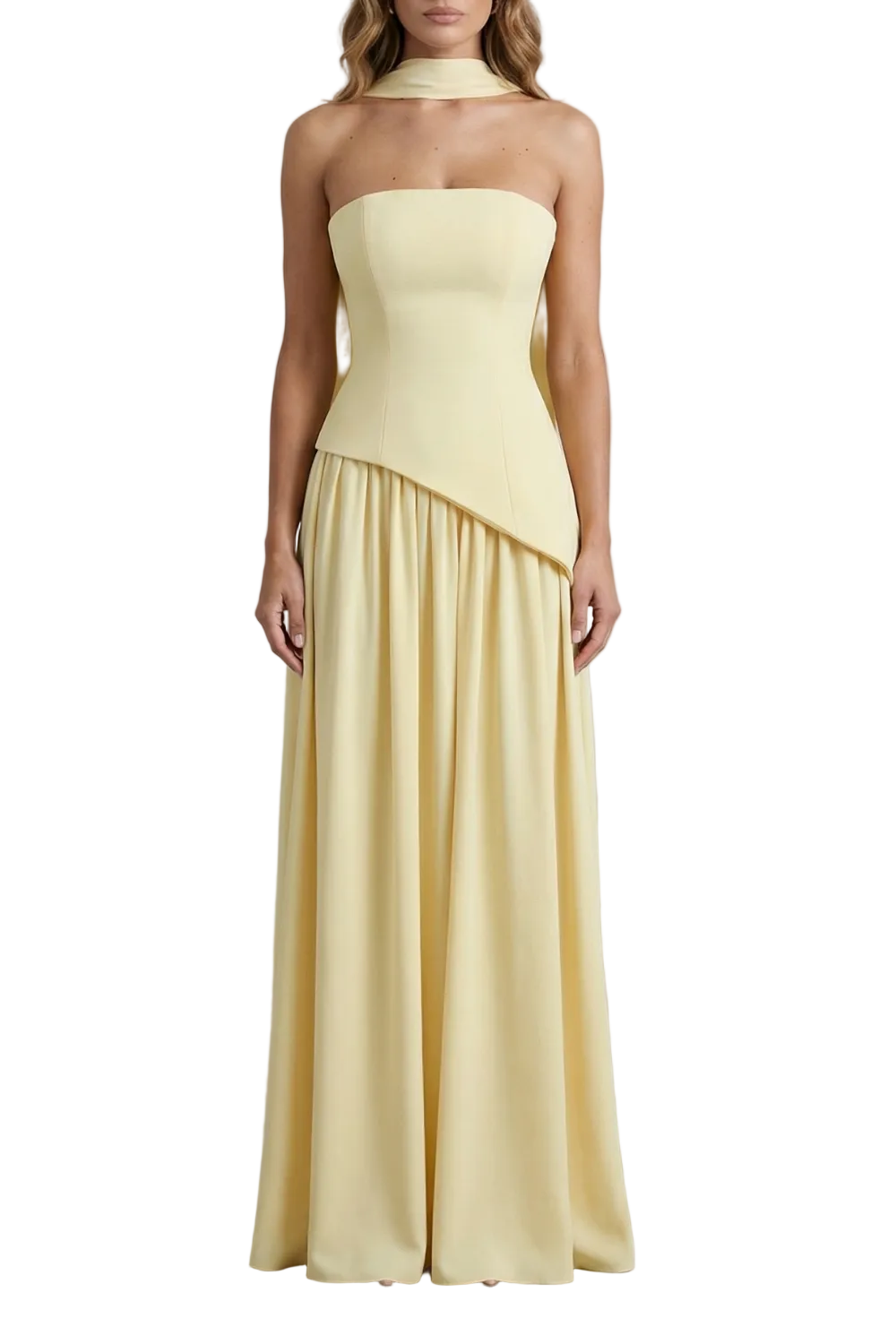 Full-length pale yellow strapless maxi dress with draped neck detail and asymmetric bodice on a white background, elegant for wedding guests.