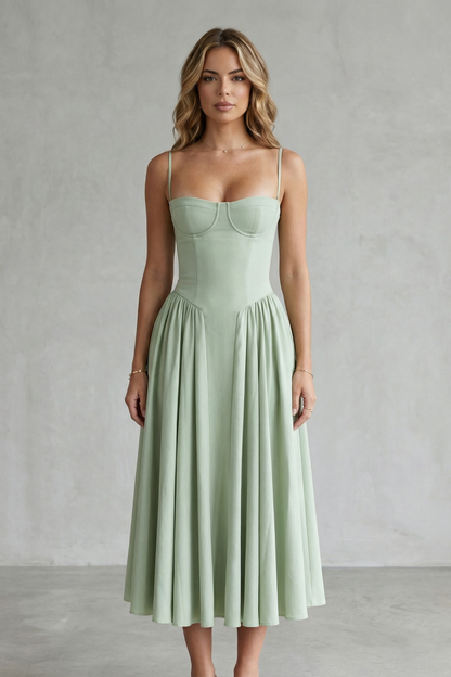Front view of light green structured sweetheart neck midi dress with thin straps and a pleated skirt, a stylish midi dress for women.