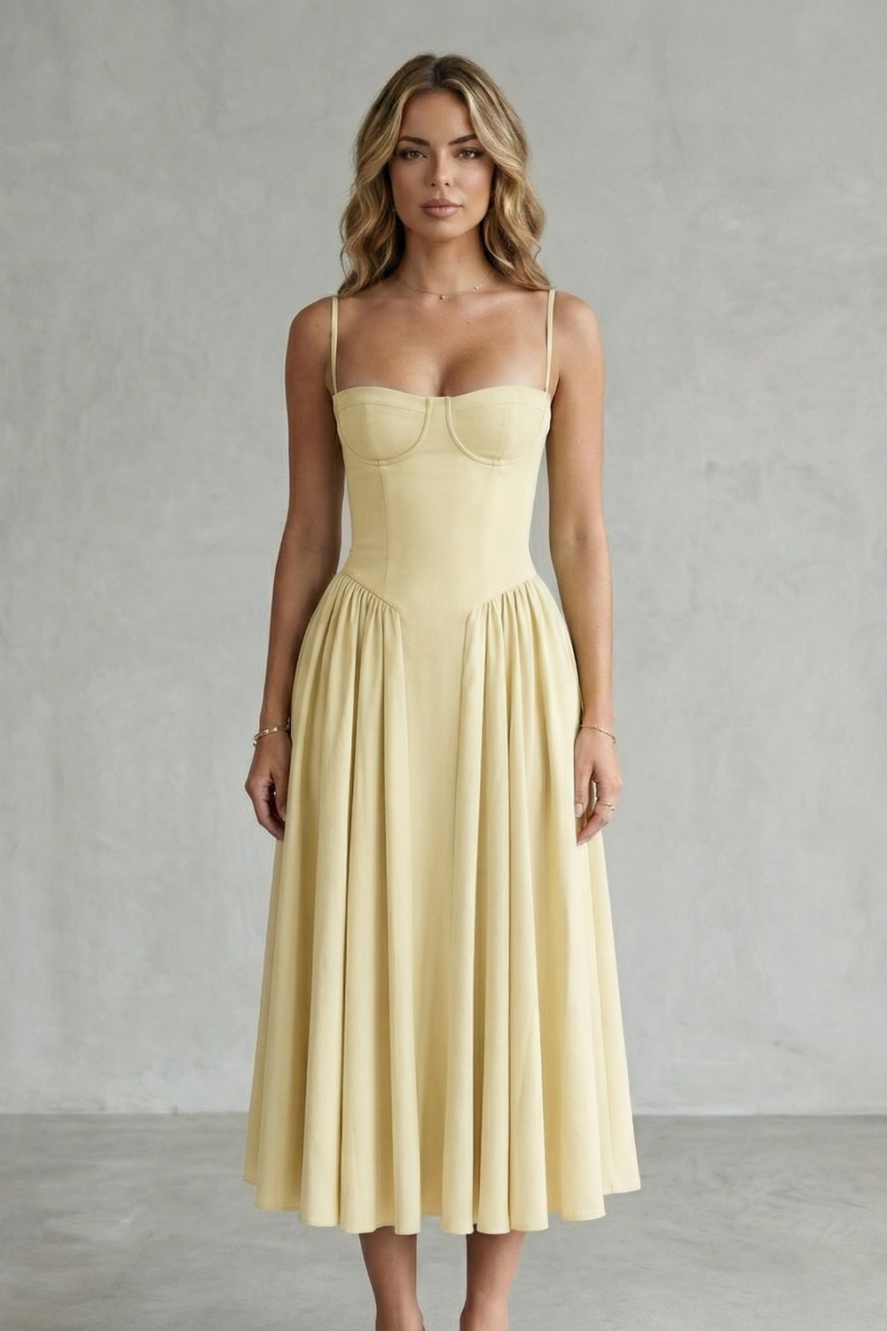 Front view of a woman wearing a pale yellow strappy structured sweetheart neck midi dress, featuring a fitted bodice and flowing skirt.