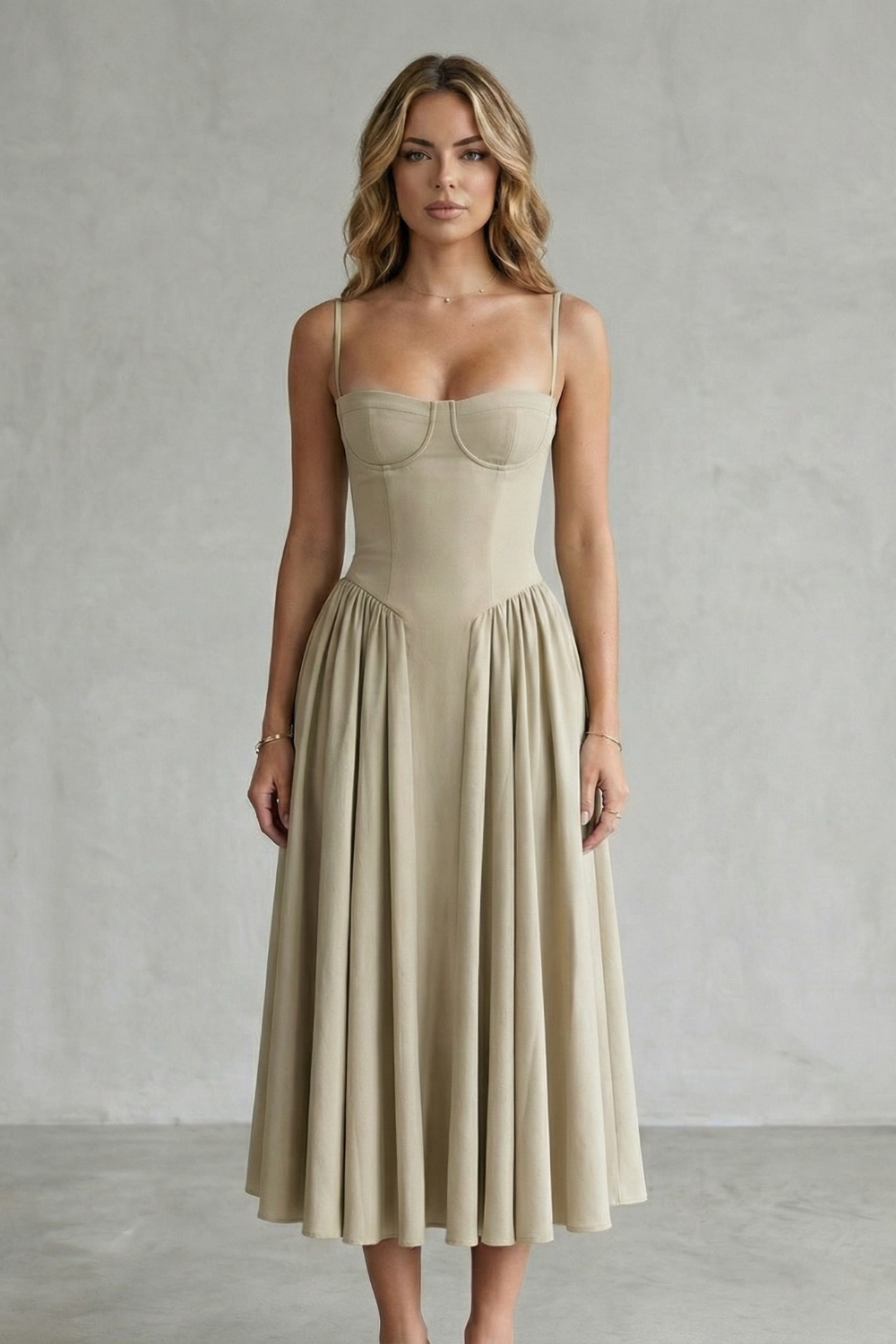Front view of a woman wearing a light beige strappy structured sweetheart neck midi dress, ideal for women's wedding guest dresses.