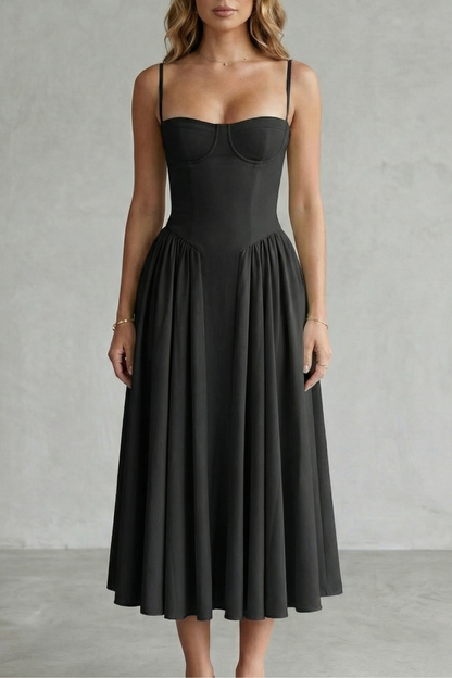 Black structured sweetheart neck midi dress with spaghetti straps and a full pleated skirt, elegant for evening wear.