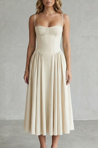 Cream structured sweetheart neck midi dress with delicate straps and a gathered full skirt, perfect for a white satin dress look.