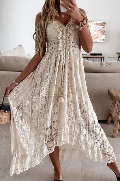 Women's white floral lace maxi dress with V-neckline, spaghetti straps, and pom-pom tassels