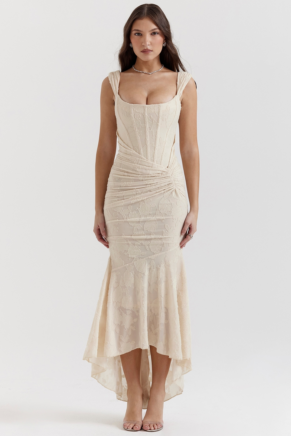 Front view of a beautiful ivory floral lace midi dress with a square neckline and ruched bodice.