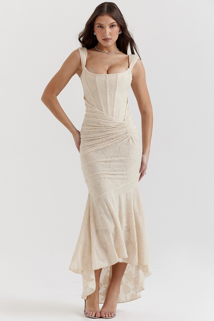 Full length shot of an ivory floral lace midi dress, ideal for elegant dresses for wedding guests.