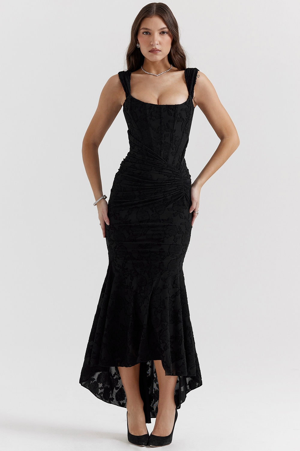 Black floral lace midi dress for women featuring a square neckline, ruched bodycon silhouette, and a high-low mermaid skirt.
