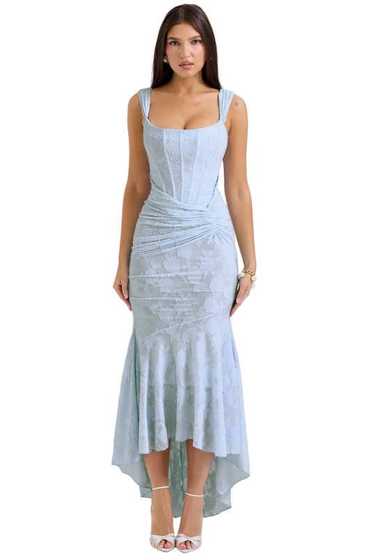 Light blue floral lace midi dress for women with square neckline, ruched waist, and high-low mermaid hem, perfect for wedding guests.