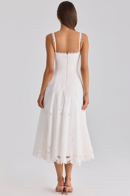 Back view of white maxi dress with center zipper, lace-trim straps, and scalloped hemline