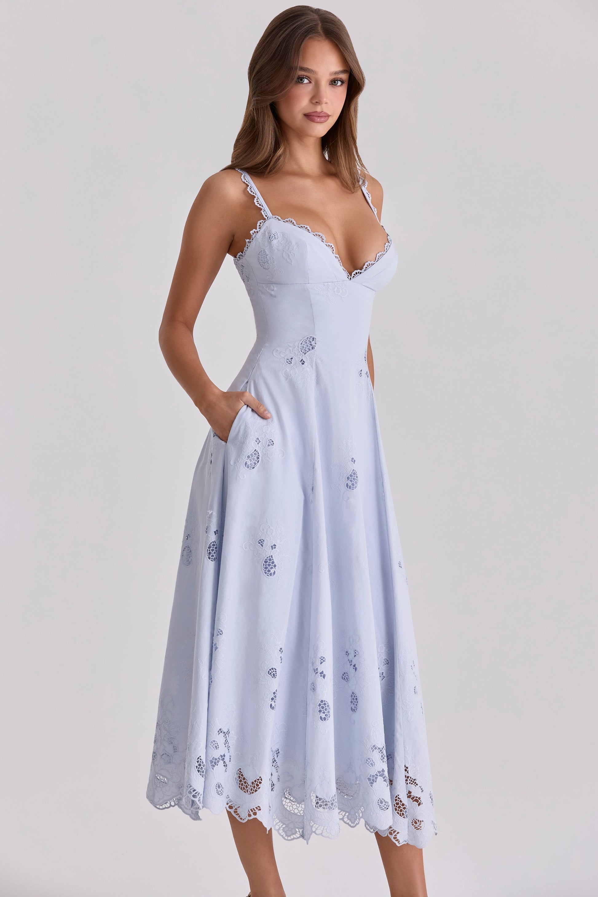 Light blue lace-trim maxi dress with v-neck bodice, embroidered skirt, and scalloped hem