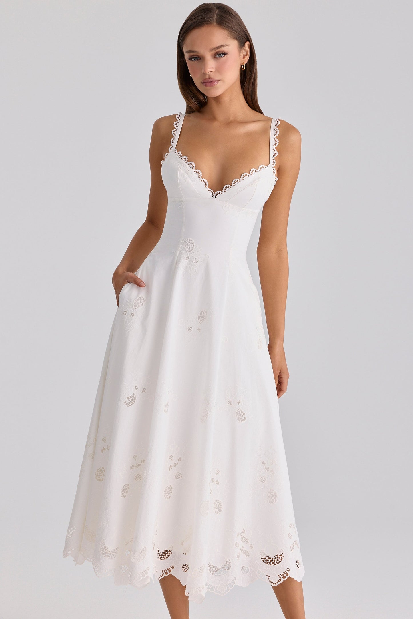 White lace-trim maxi dress with v-neckline, spaghetti straps, and scalloped eyelet hem