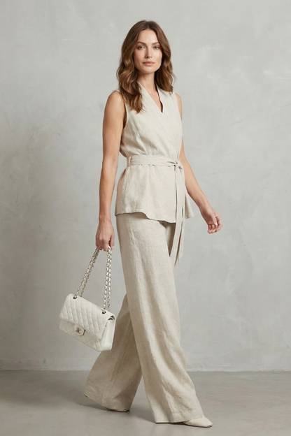 Side profile of a woman walking, wearing a beige sleeveless wrap top and wide leg pants set, holding a white chain-strap bag.