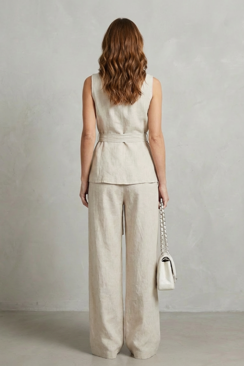 Back view of a woman in a natural linen V-neck sleeveless wrap top and wide leg pants set, showcasing the full outfit.