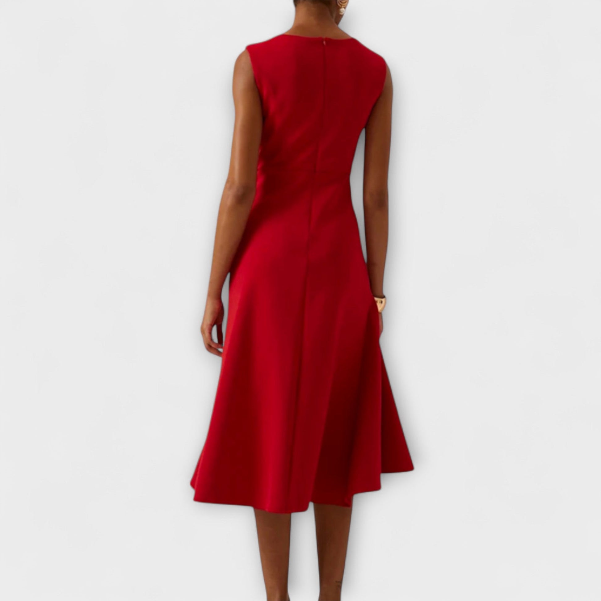 Back view of a vibrant red sleeveless midi dress, showing the elegant A-line skirt and modest neckline.