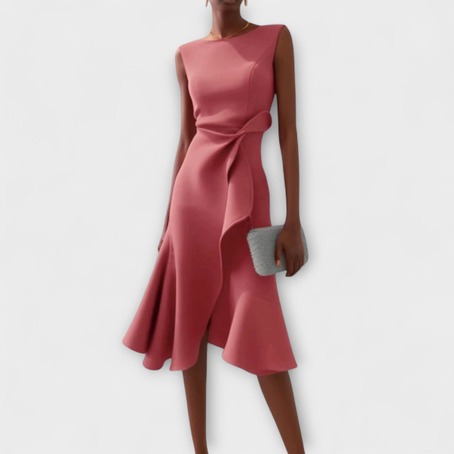 Rose pink sleeveless midi dress with a flattering asymmetric ruffle and a chic self-tie waist, an elegant dress for wedding guests.