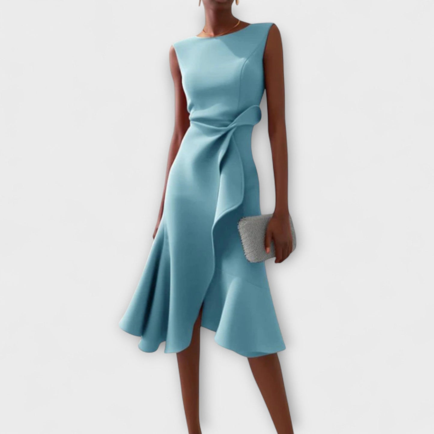 Light blue sleeveless midi dress showcasing an asymmetric ruffled skirt and a stylish tie-front detail, ideal for vacation dresses.