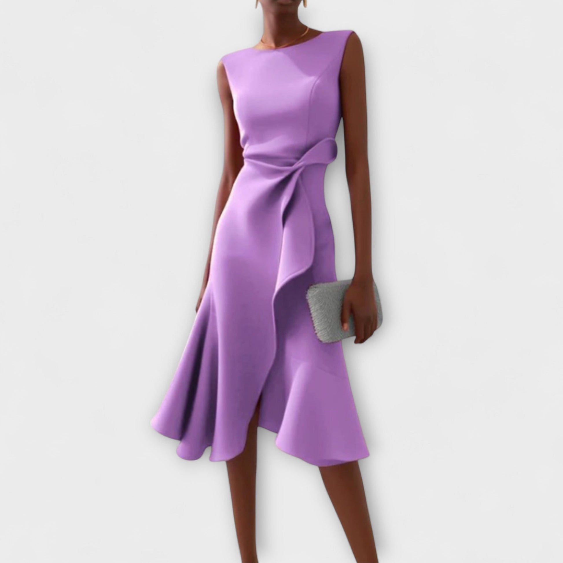 Lavender sleeveless midi dress with an elegant asymmetric ruffle and a cinched tie-waist, a beautiful midi dress for women.